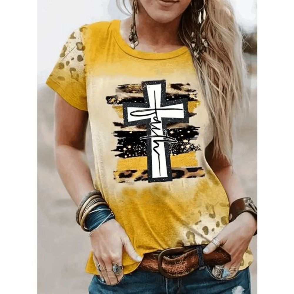 Women's Western Top Tee Shirt Cross Faith in Yellow Black Leopard Print - L